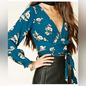 FOREVER 21 teal floral long sleeve crop tie around blouse